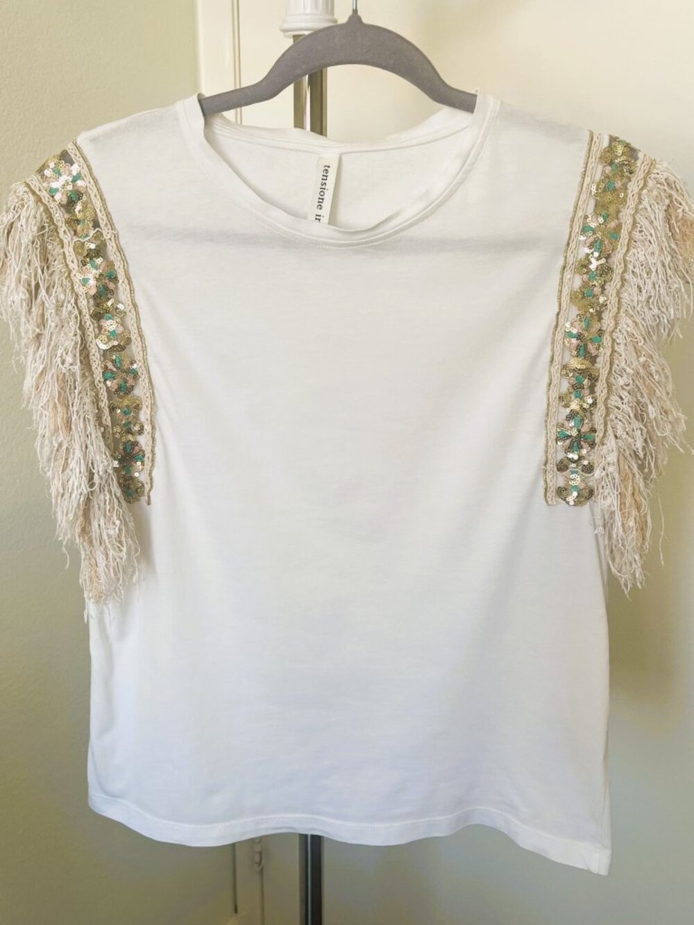 Tensione In Italy Women's M White T-Shirt Fringe Sequin Trim Boho Top